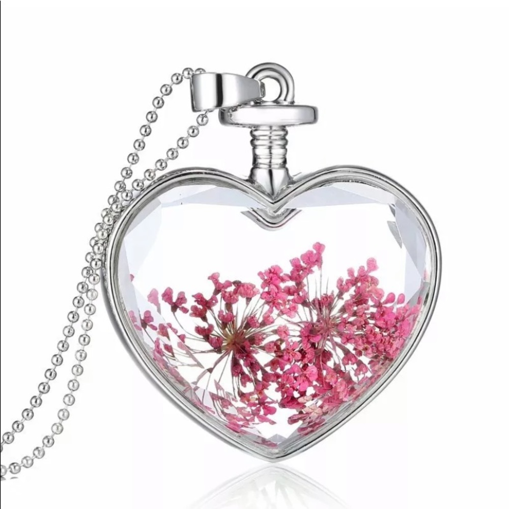 PINK/SILVER GLASS HEART PENDANT NECKLACE